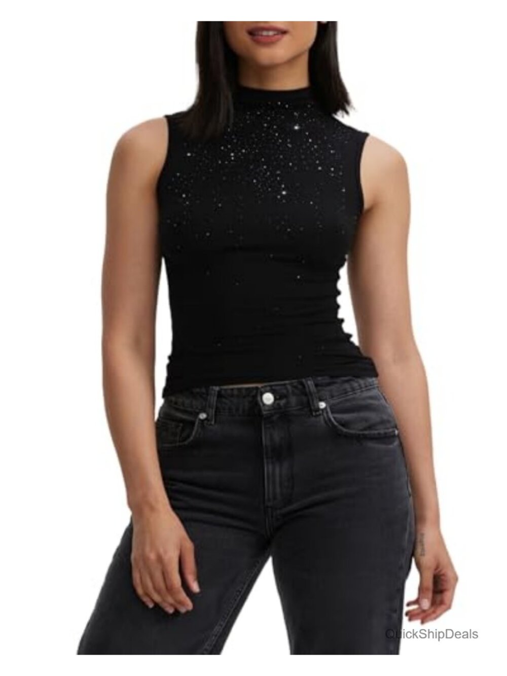 Women's Sleeveless Mock Turtleneck Tank Top Slim Fit Stretchy Rhinestone Sparkly